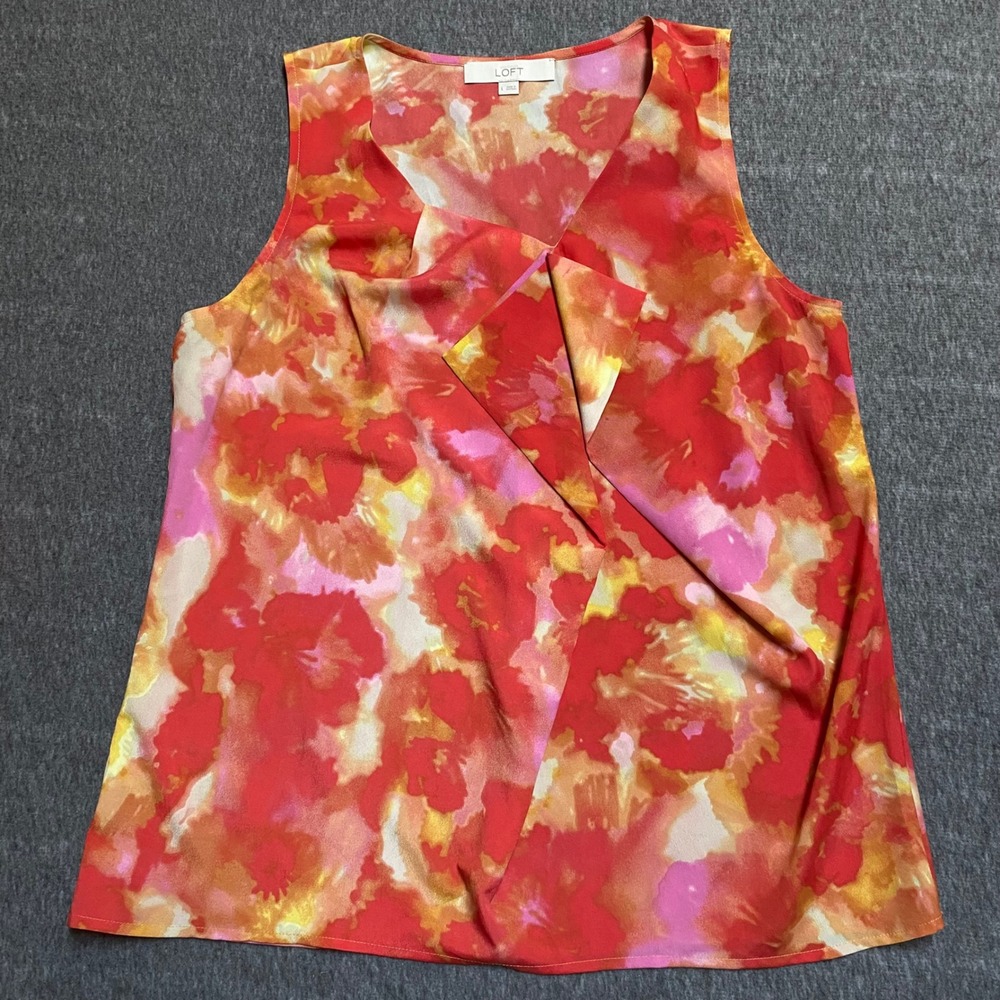 LOFT Orange Floral Watercolor Draped V-Neck Sleeveless Blouse Top Large Womens
